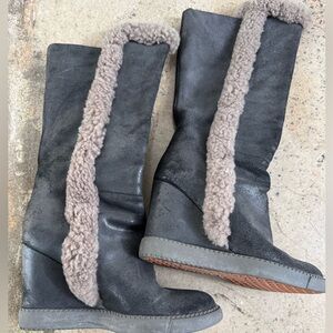 See by Chloe black leather wedge tall boots w shearling detail, size 39